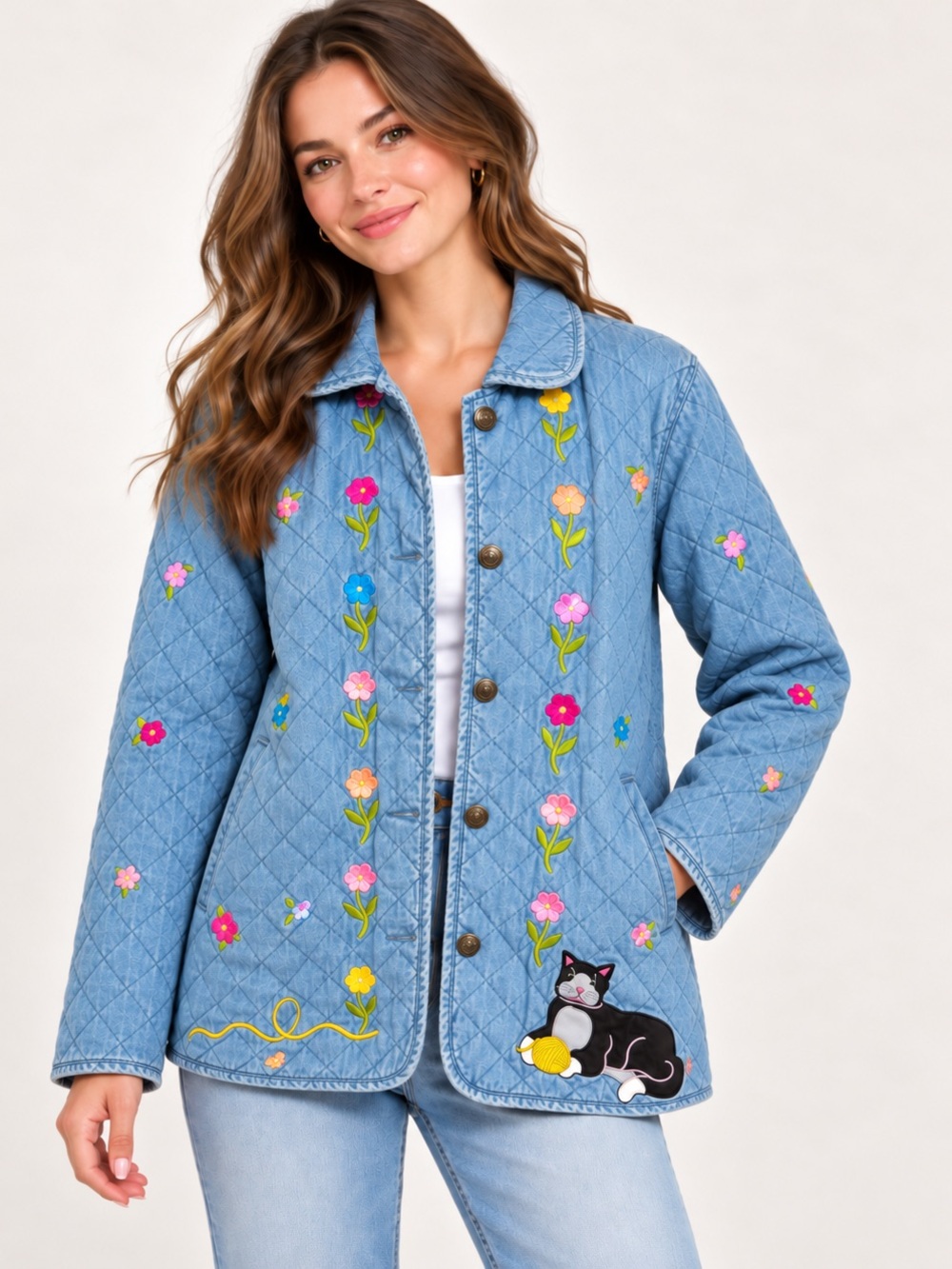 VTG Quacker Factory Quilted Jean Jacket with Floral Embroidery and Cat Patch